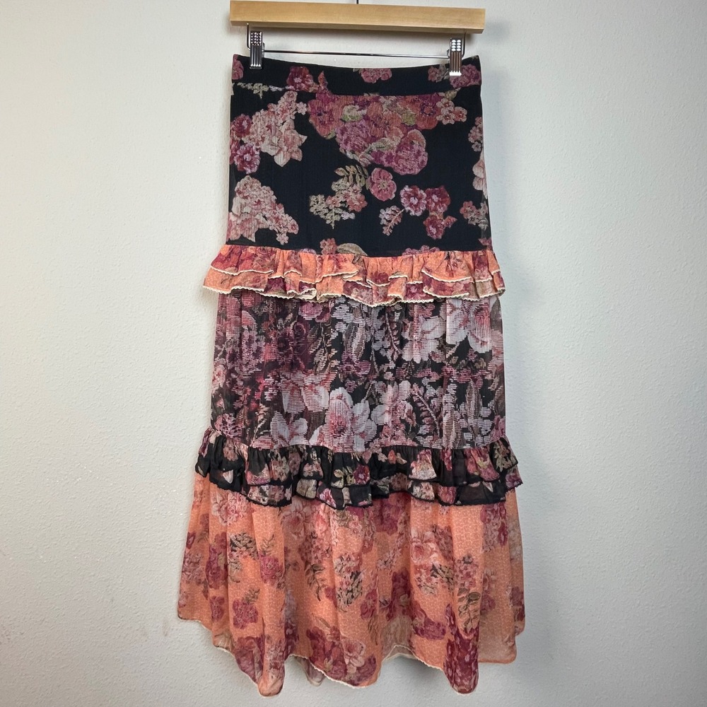 Anthropologie de Novo‎ Womens Tiered Floral Maxi Skirt Boho Ruffle Gypsy Size  6